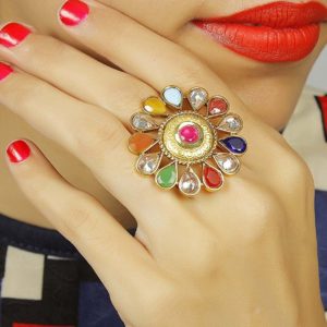 Royal Party-Wear Traditional Look Big Ring for Women with Multi-Color Stone